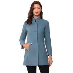 Winter Overcoat Mid-thigh Stand Collar Single Breasted Long Coat Grey Blue